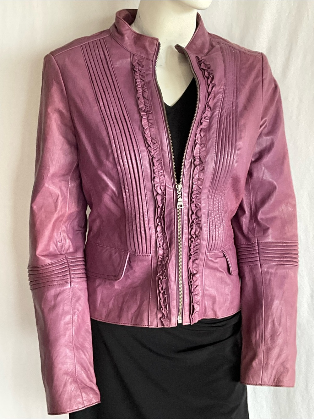 Danier Genuine Leather Plum Mauve Ruffle Zip Jacket | Pintuck Moto S - Picture 1 of 11